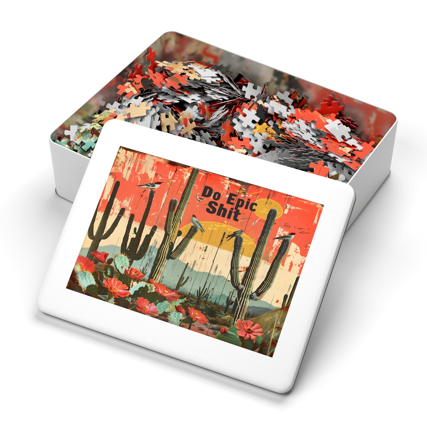 Jigsaw Puzzle: Desert Cactus 'Do Epic Shit' Motivational Art, 500, 1000, 2000 Piece Options, Gift-Ready Metal Tin Box, Adult Humor Gift