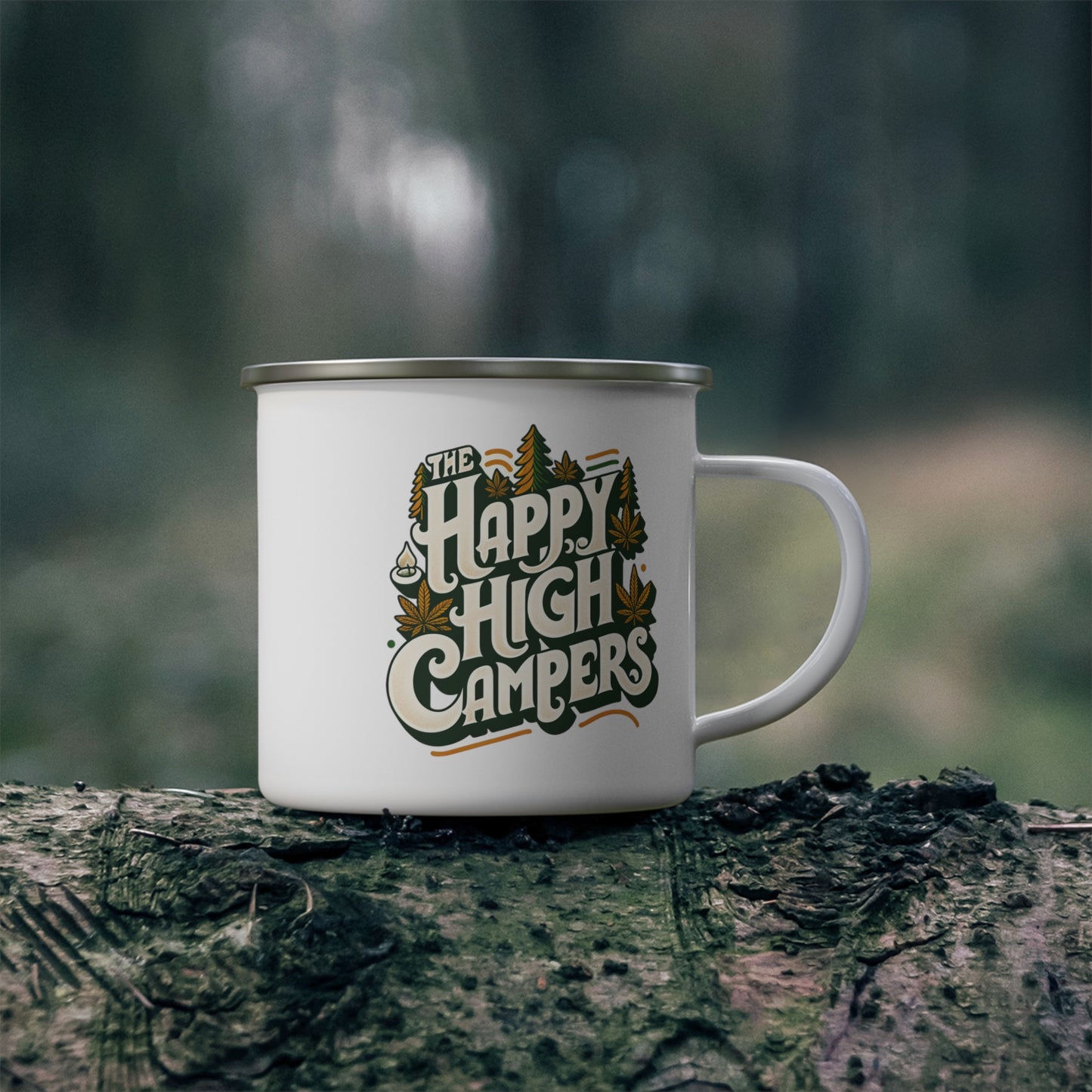 Happy High Campers Enamel Mug: Retro Cannabis Camping Nostalgia