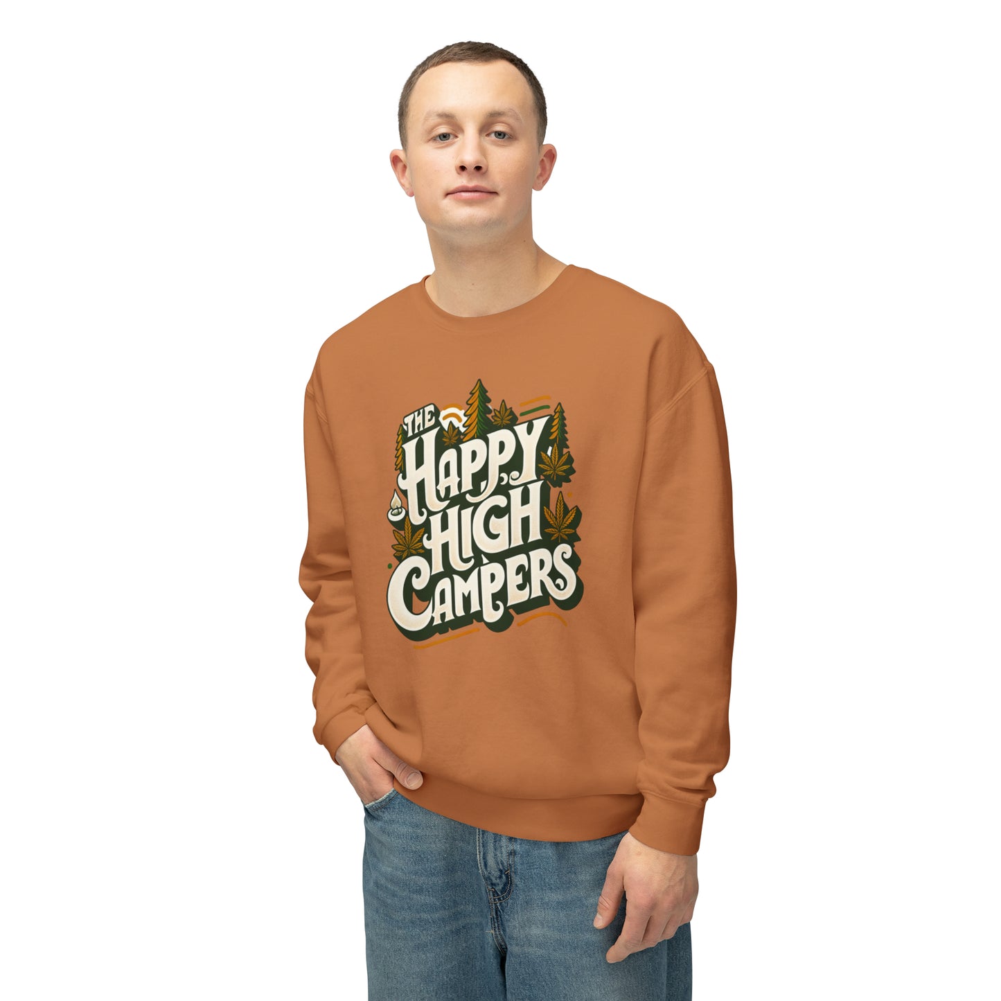 Happy High Campers Crewneck Sweatshirt: Retro Cannabis Camping Vibes Comfort Colors 1466 Unisex Lightweight Crewneck Sweatshirt - 6 Retro Colors!