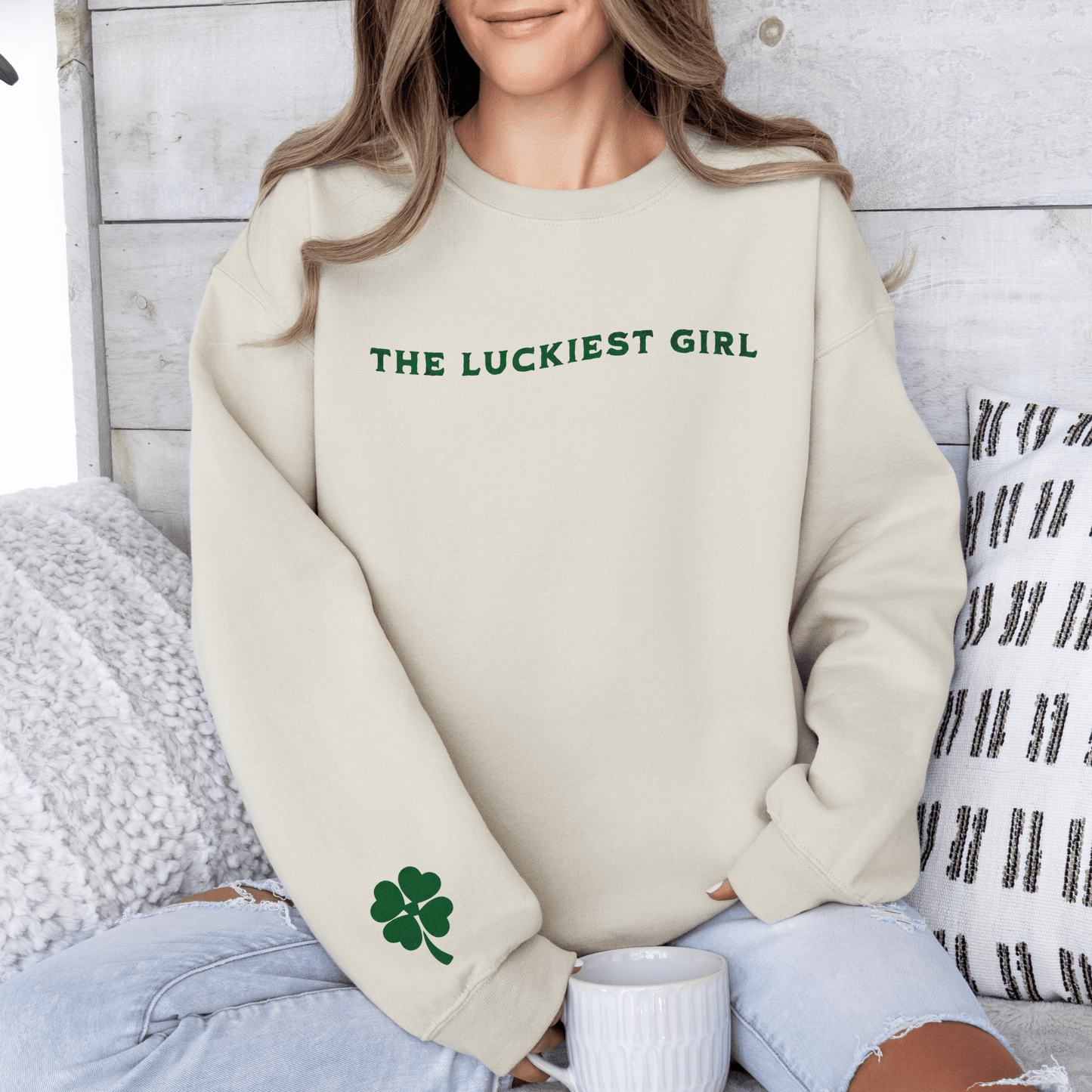 Stay Lucky with Our 'The Luckiest Girl' - Featuring a Charming Sleeve Shamrock Detail Unisex Sweatshirt