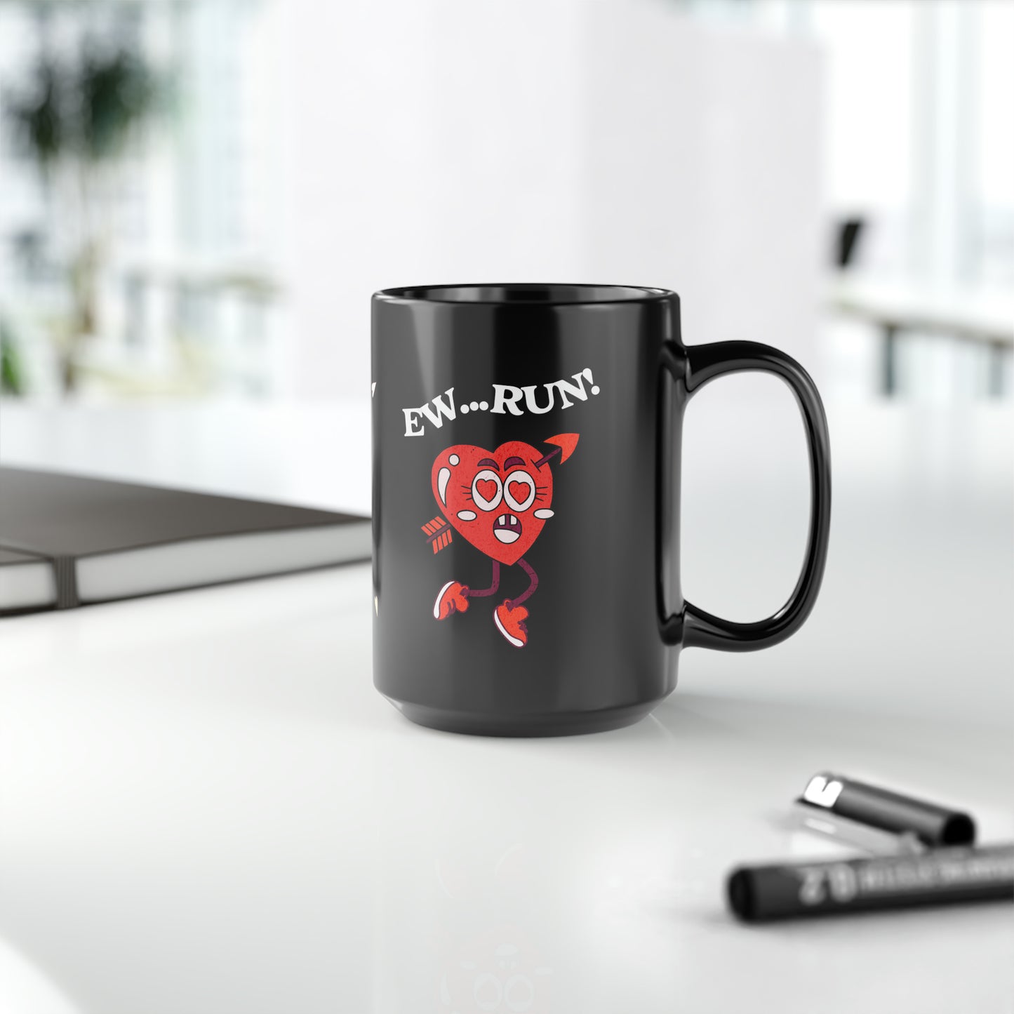 Ew Run Anti-Valentine's Day Black Mug, 15oz