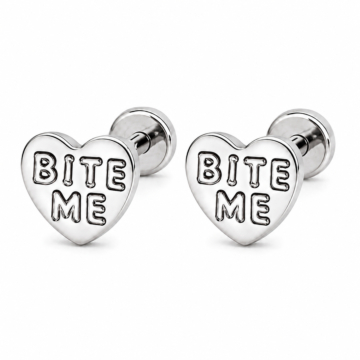 Bite Me Heart Stud Tiny Titanium Earrings with Velvet Gift Bag