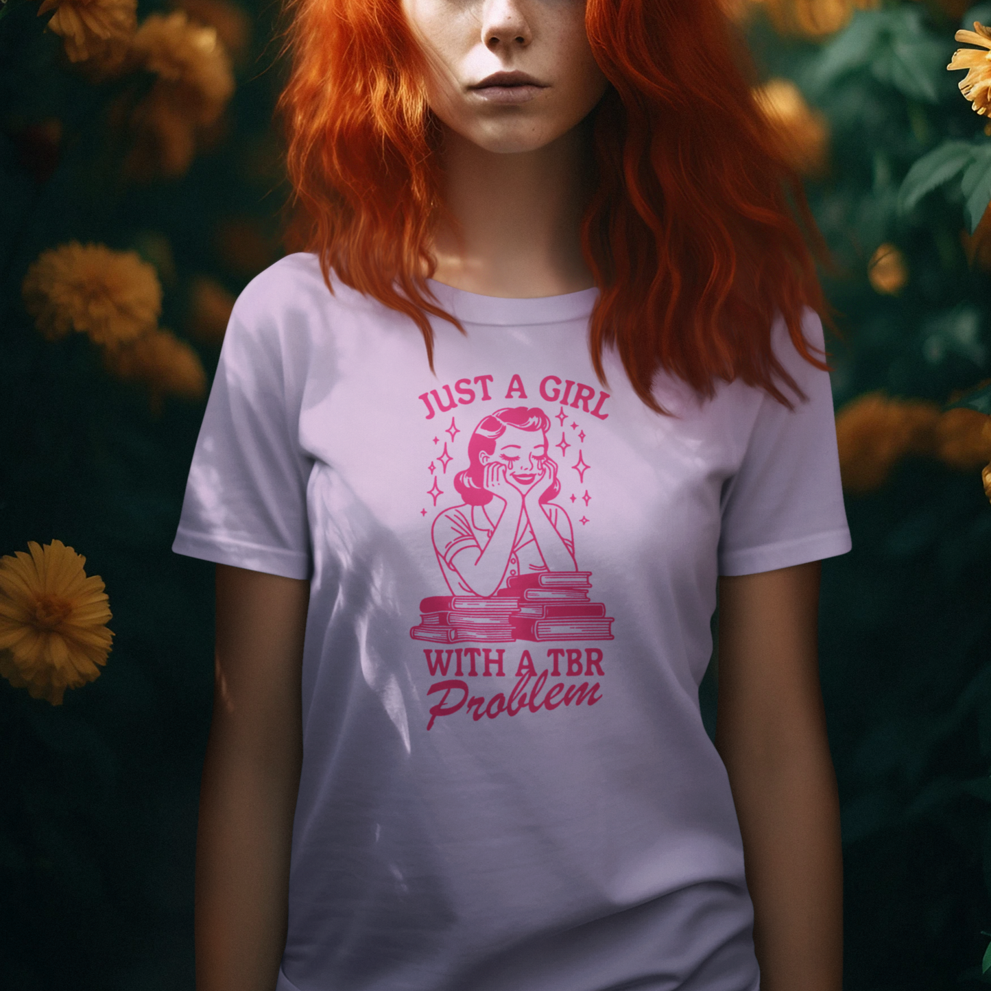 Vintage-Inspired Pink Line Drawing T-Shirt: Just a Girl with a TBR Problem Unisex Jersey Short Sleeve Tee