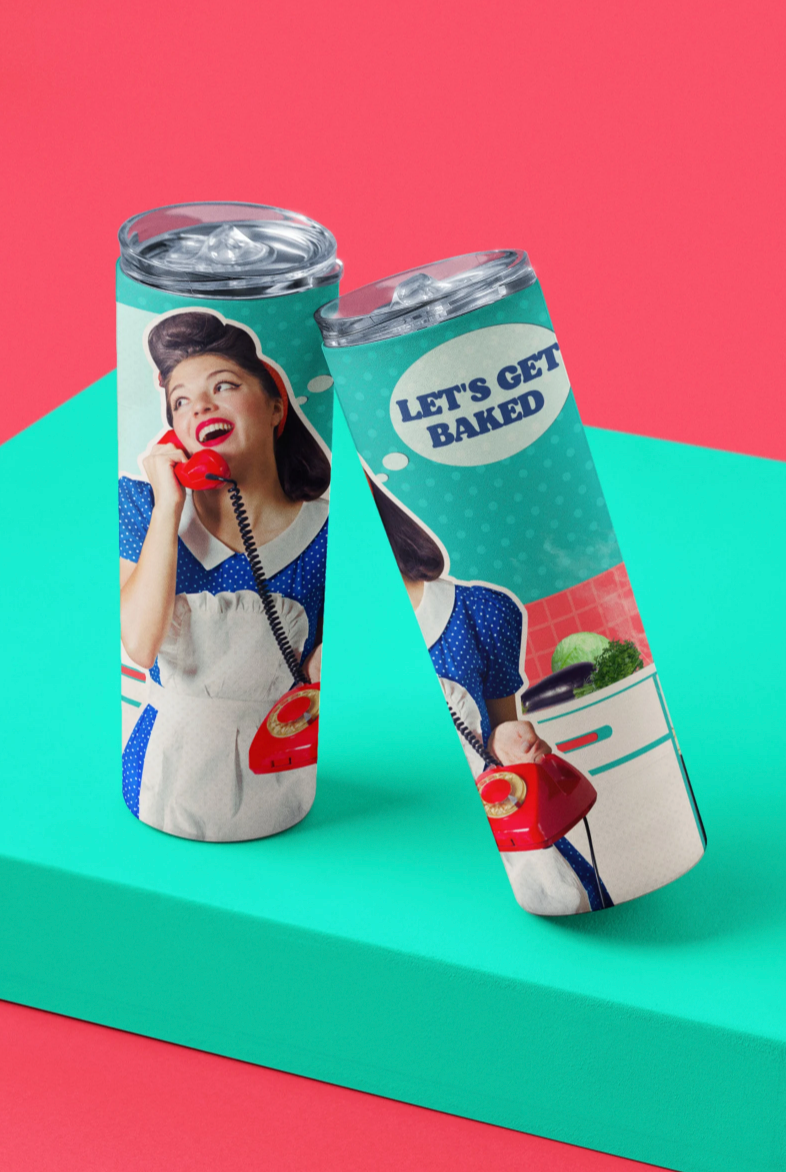 Retro 50s Housewife Cannabis Skinny Tumbler | Let's Get Baked with Matching Straw, 20oz