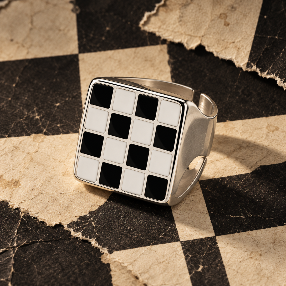 Black and White Checkerboard Adjustable Statement Ring with Gift Packaging
