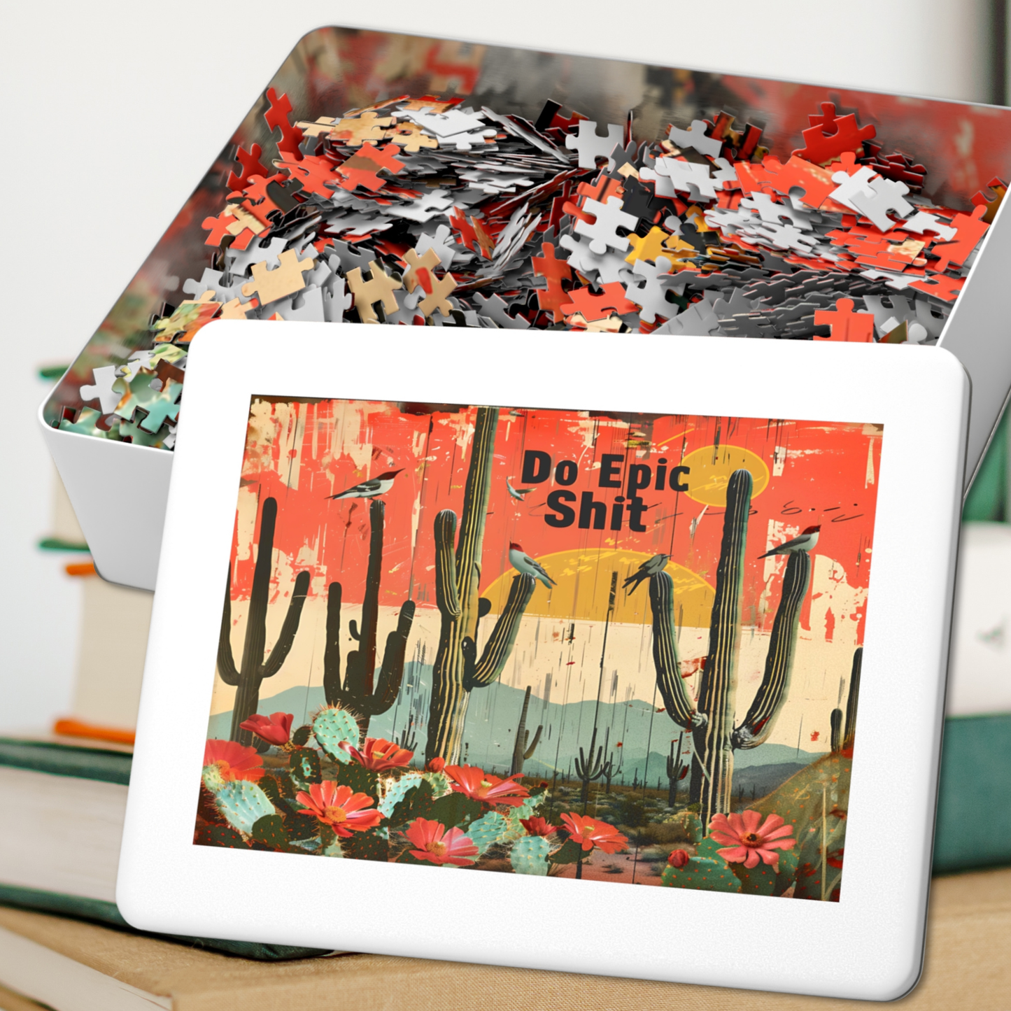 Jigsaw Puzzle: Desert Cactus 'Do Epic Shit' Motivational Art, 500, 1000, 2000 Piece Options, Gift-Ready Metal Tin Box, Adult Humor Gift
