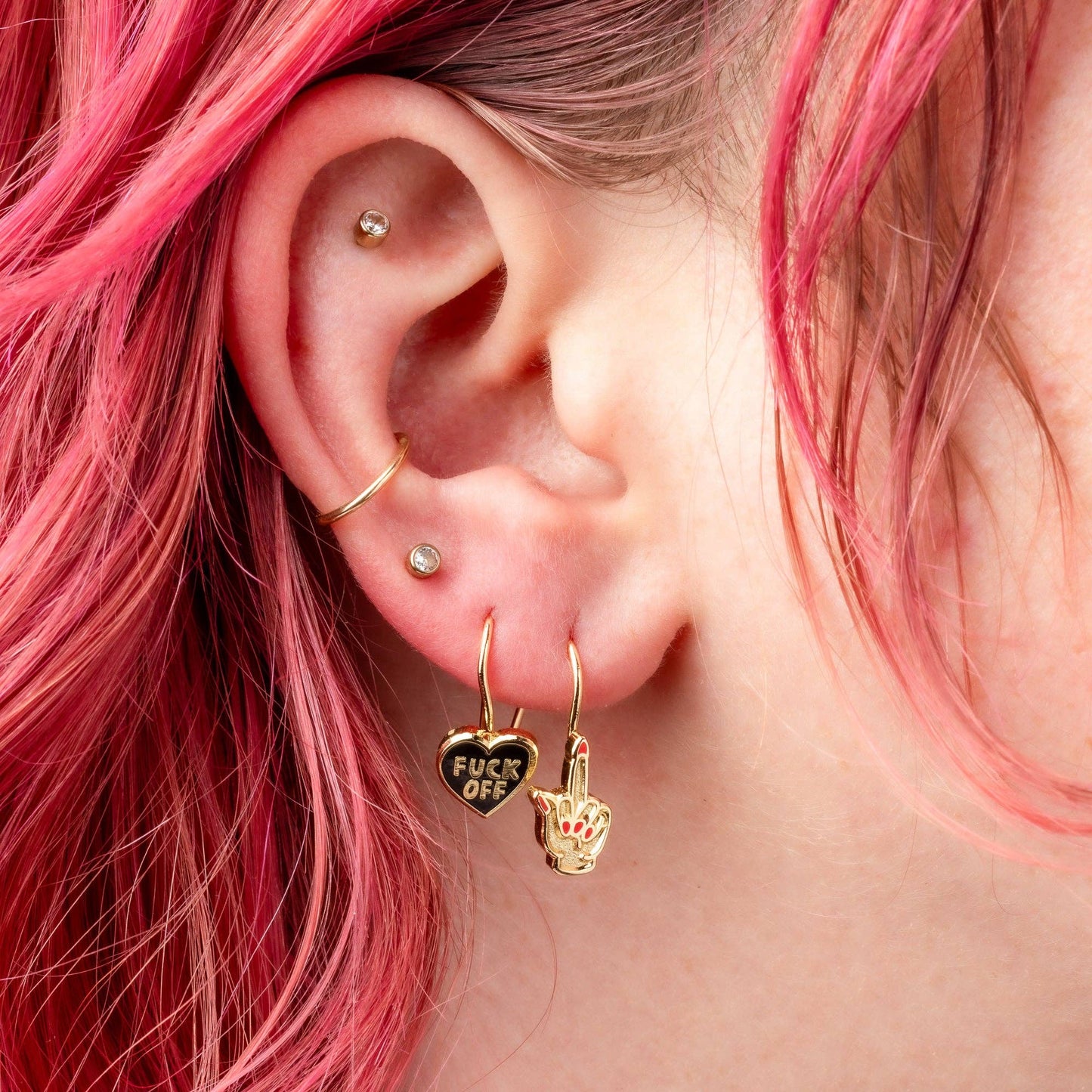 F*ck Off Heart Middle Finger Gold Drop Earrings