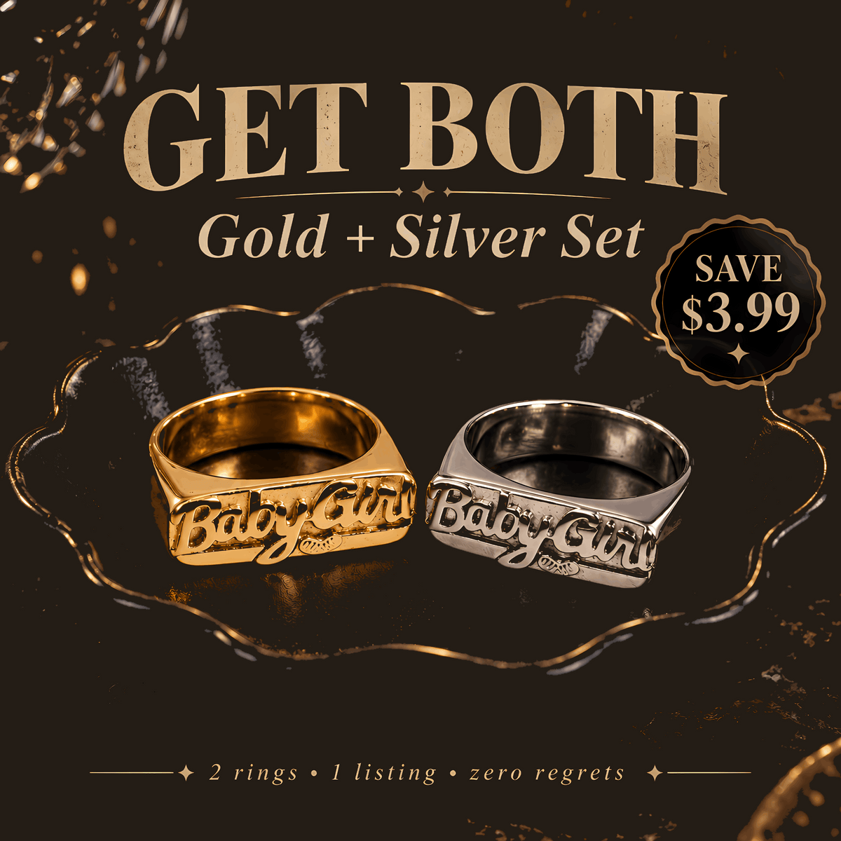 Baby Girl Signet Ring | Gold & Silver Stainless Steel Statement Ring with Gift Packaging