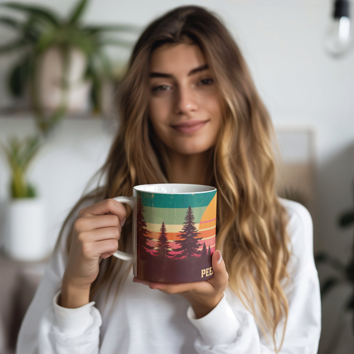 20 oz White Ceramic Mug - Retro Sunset & Forest Design - "I Love Peeing Outdoors"