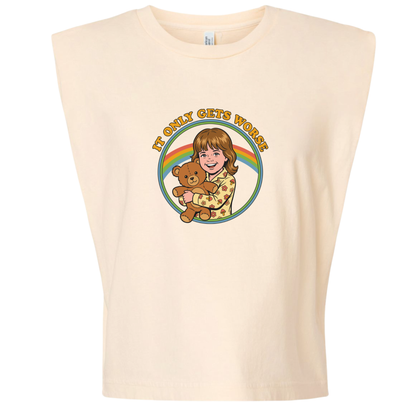 American Apparel It Only Gets Worse Muscle Tank Retro Rainbow Teddy Bear Shirt