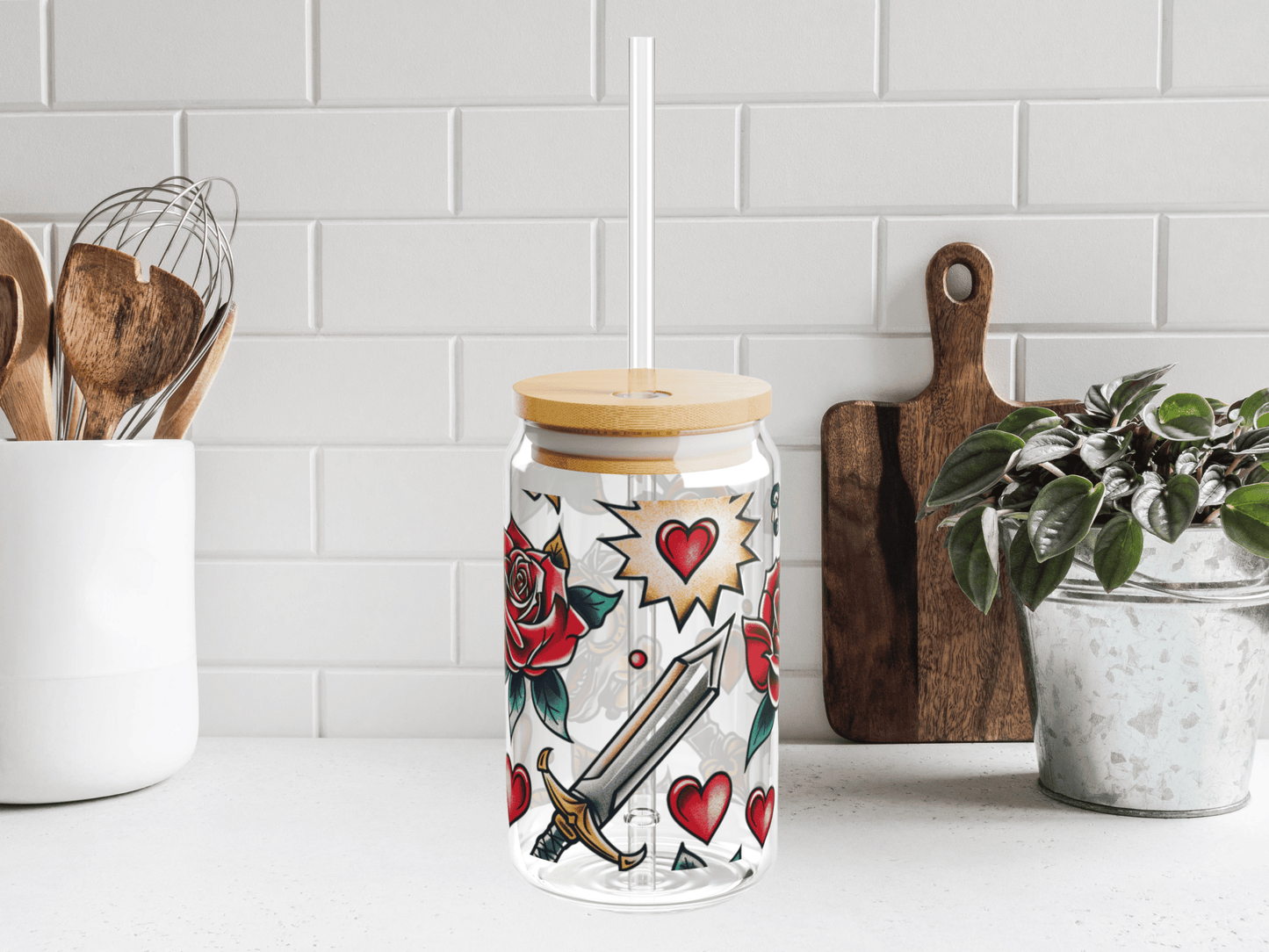 Sailor Jerry Inspired 16oz Libby Sipper Glass - Unique Vintage Tattoo Collage Design