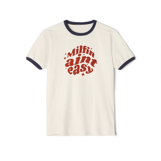 Milfin Ain't Easy Retro Ringer T-Shirt, Fun Mama Tee, Unisex Cotton Top, Mother's Day Gift, Mom Life Shirt