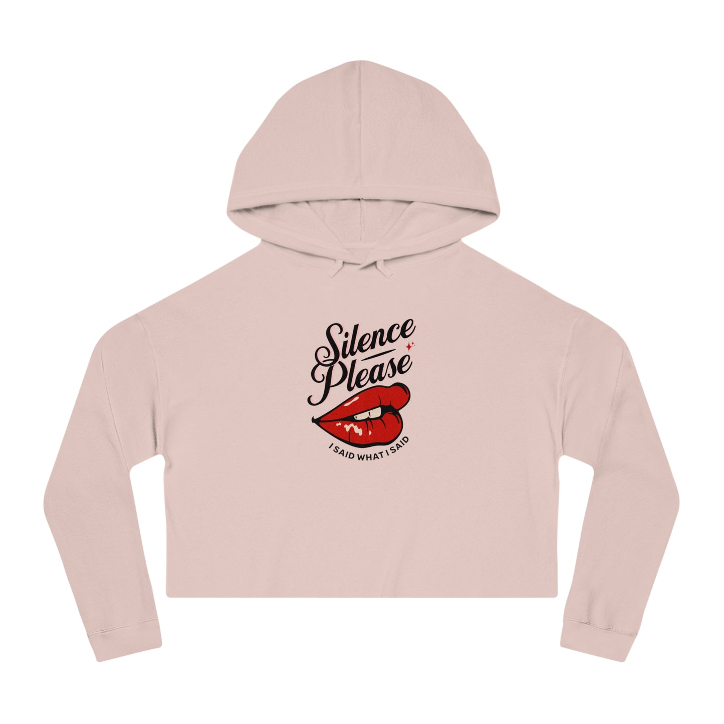 Retro Tattoo Classic Red Lips, Silence Please Women’s Cropped Hooded Sweatshirt