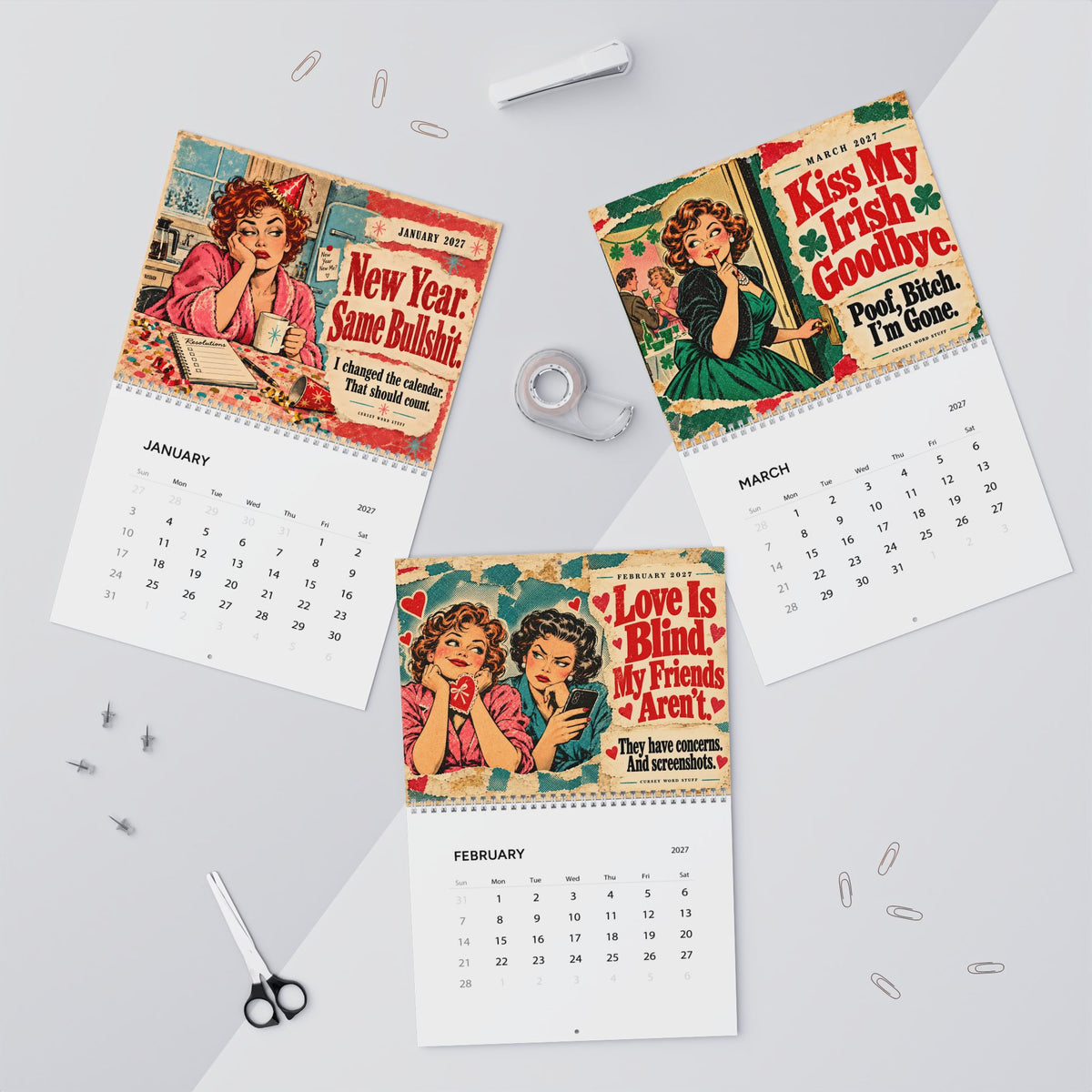 2027 Funny Wall Calendar – Retro Women & Sarcastic Sayings
