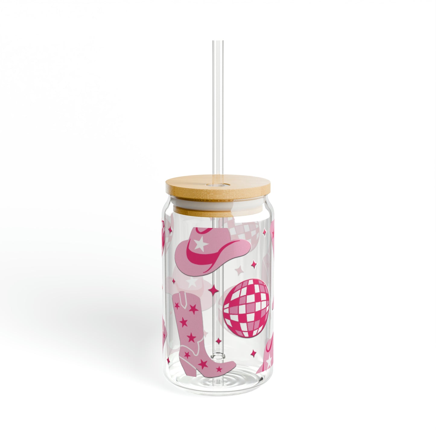 16oz Libby Glass with Pink Disco Cowgirl Design - Made in USA, BPA-Free"