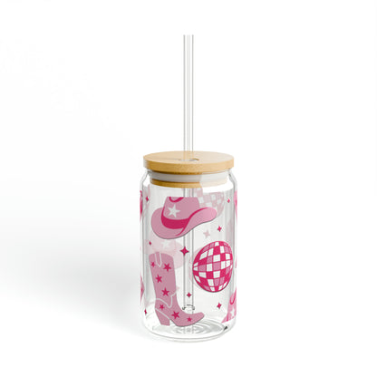 16oz Libby Glass with Pink Disco Cowgirl Design - Made in USA, BPA-Free"