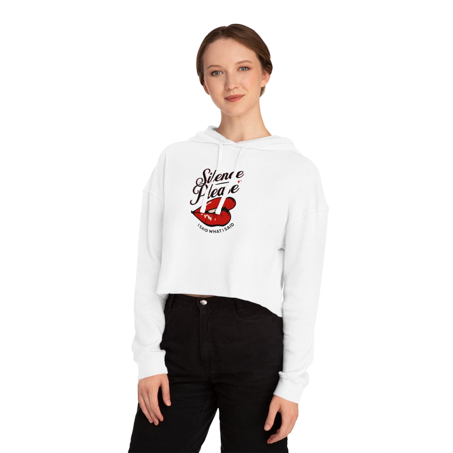 Retro Tattoo Classic Red Lips, Silence Please Women’s Cropped Hooded Sweatshirt