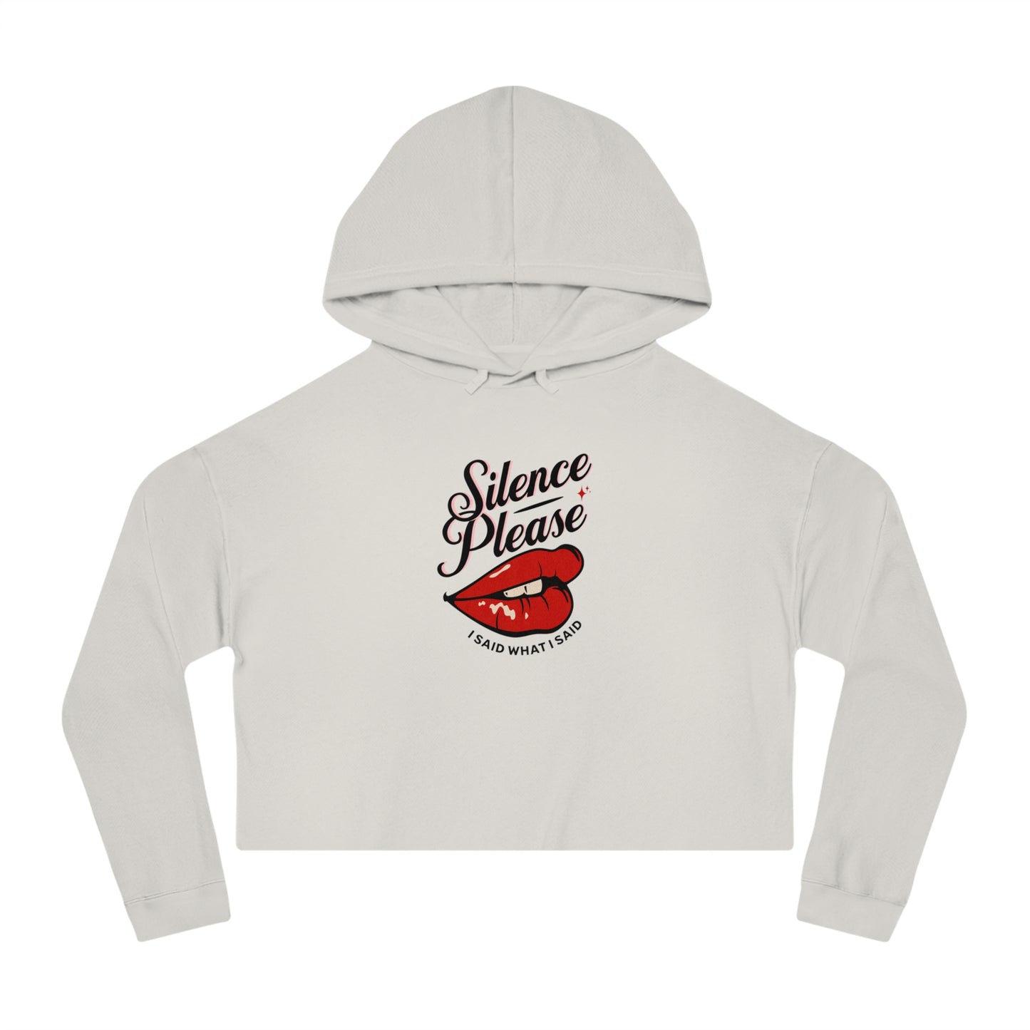 Retro Tattoo Classic Red Lips, Silence Please Women’s Cropped Hooded Sweatshirt