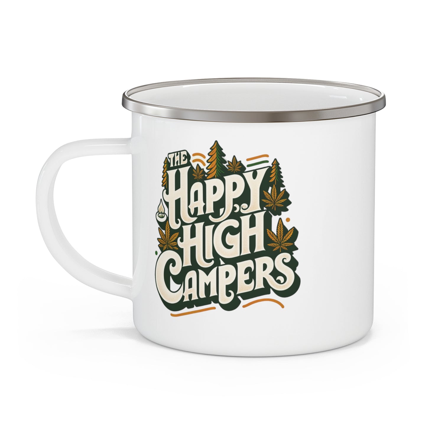 Happy High Campers Enamel Mug: Retro Cannabis Camping Nostalgia