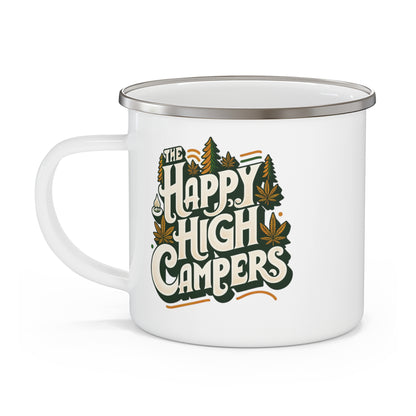 Happy High Campers Enamel Mug: Retro Cannabis Camping Nostalgia
