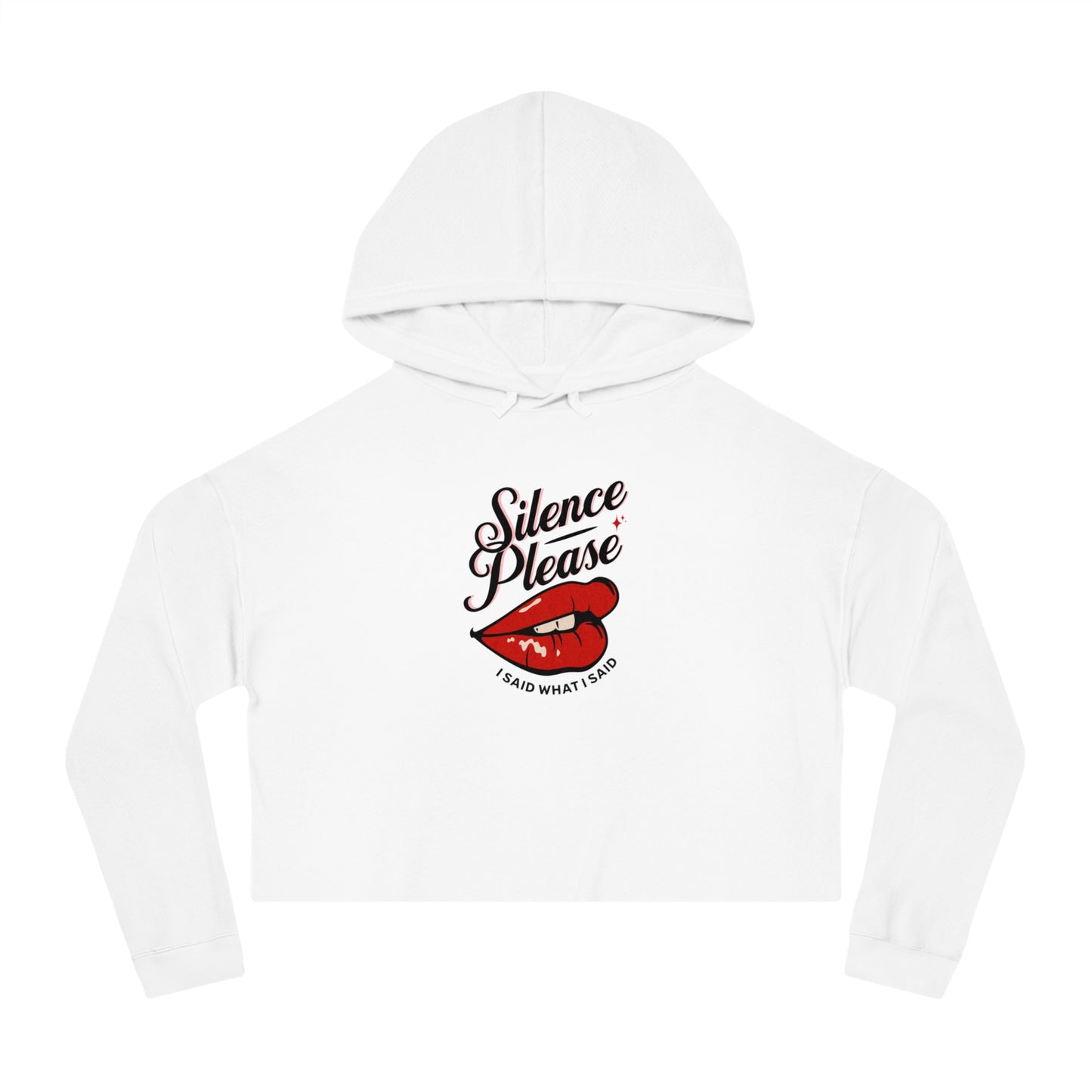 Retro Tattoo Classic Red Lips, Silence Please Women’s Cropped Hooded Sweatshirt