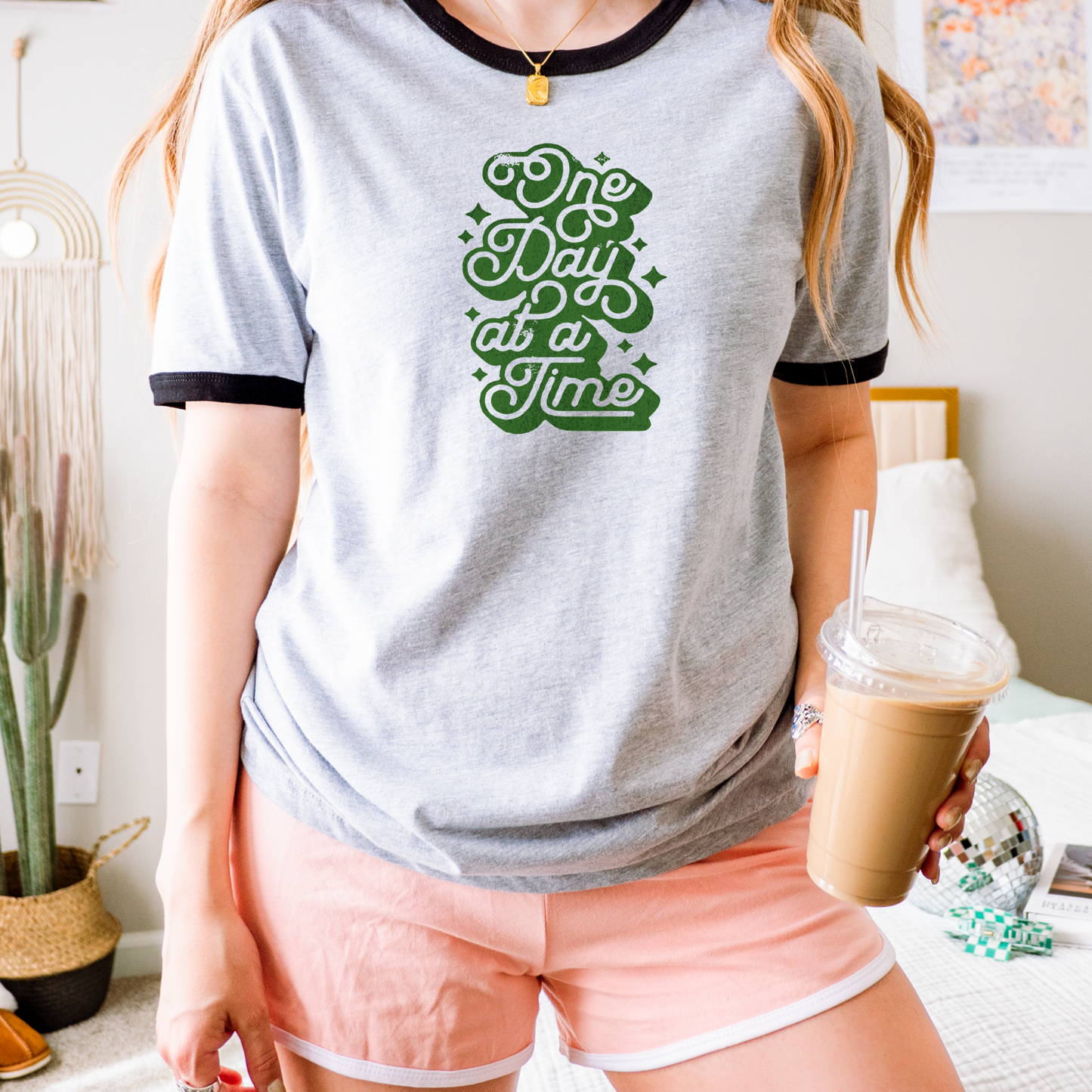 Vintage 70's Green Unisex Ringer Tee One Day at a Time Design