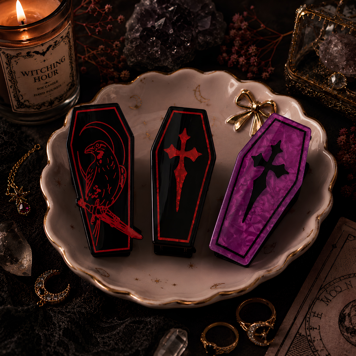 Coffin Hair Claw Clips Raven & Cross Gothic Hair Accessories with Black Velvet Gift Bag