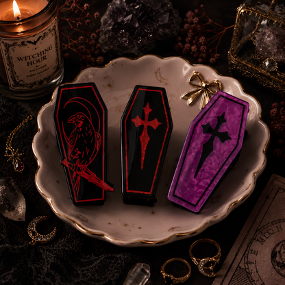 Coffin Hair Claw Clips Raven & Cross Gothic Hair Accessories with Black Velvet Gift Bag