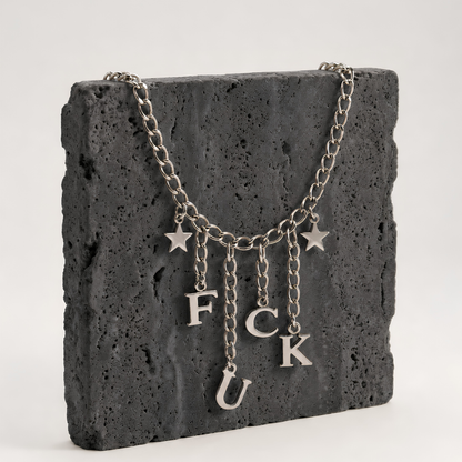 FUCK Charm Silver Chain Choker Necklace with Black Velvet Gift Bag