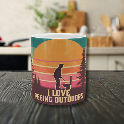 20 oz White Ceramic Mug - Retro Sunset & Forest Design - "I Love Peeing Outdoors"