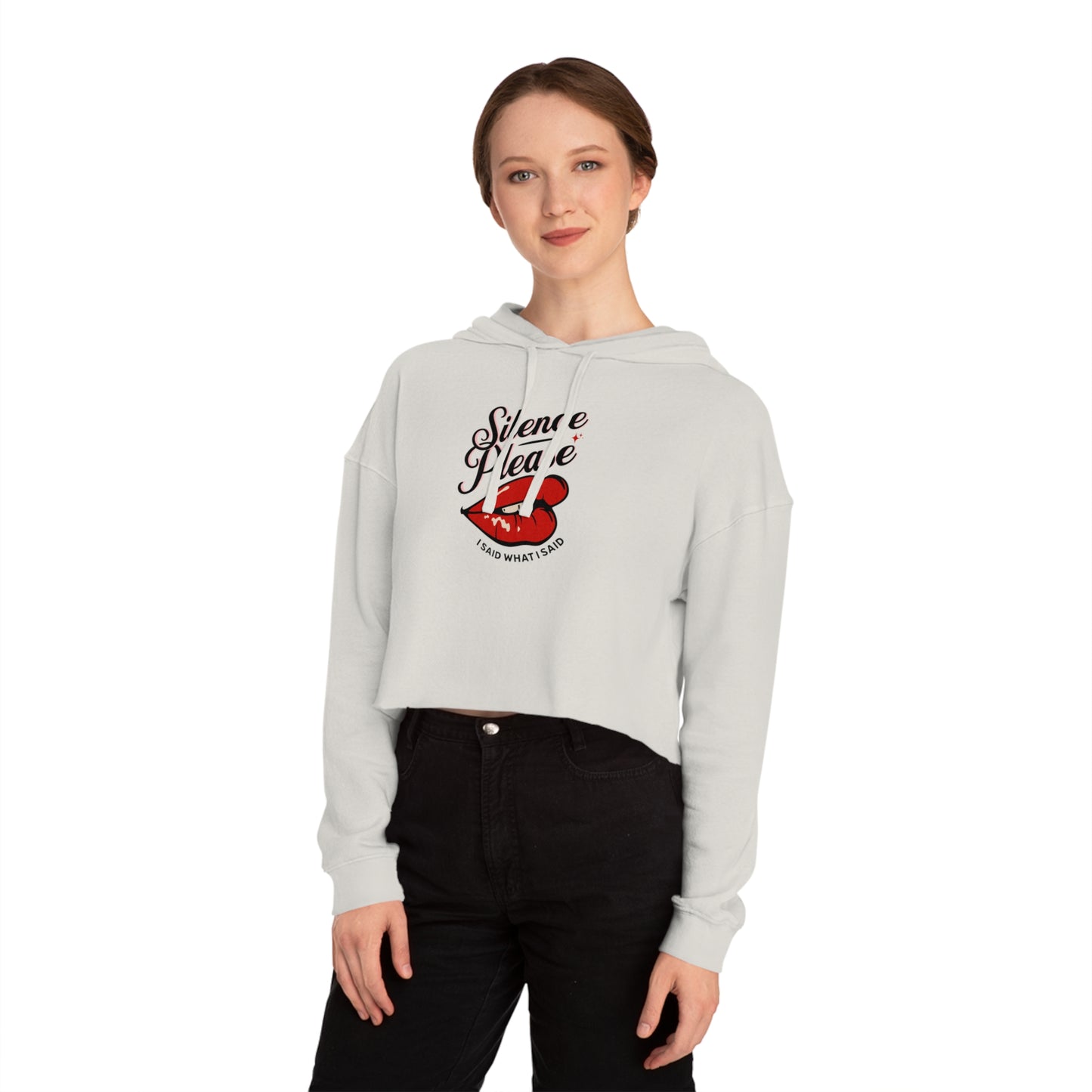 Retro Tattoo Classic Red Lips, Silence Please Women’s Cropped Hooded Sweatshirt
