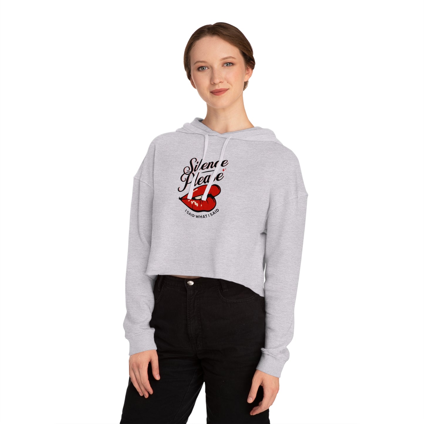 Retro Tattoo Classic Red Lips, Silence Please Women’s Cropped Hooded Sweatshirt