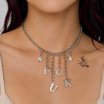 FUCK Charm Silver Chain Choker Necklace with Black Velvet Gift Bag