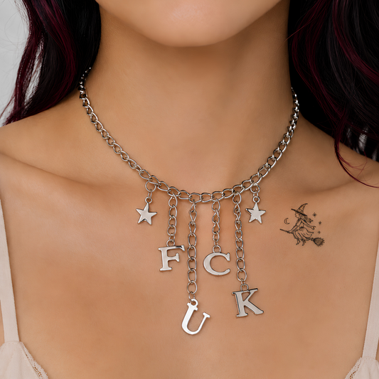 FUCK Charm Silver Chain Choker Necklace with Black Velvet Gift Bag
