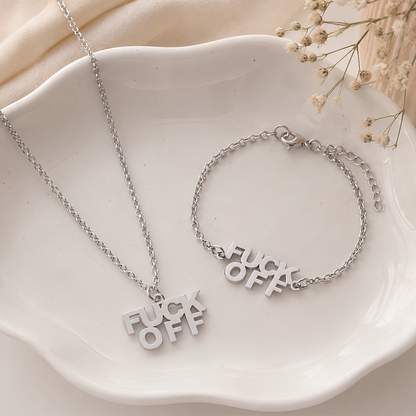 Fuck Off Silver Jewelry Necklace, Bracelet or Set with Black Velvet Gift Bag