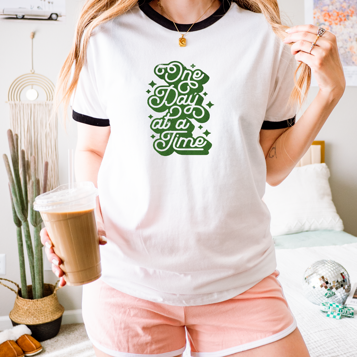 Vintage 70's Green Unisex Ringer Tee One Day at a Time Design
