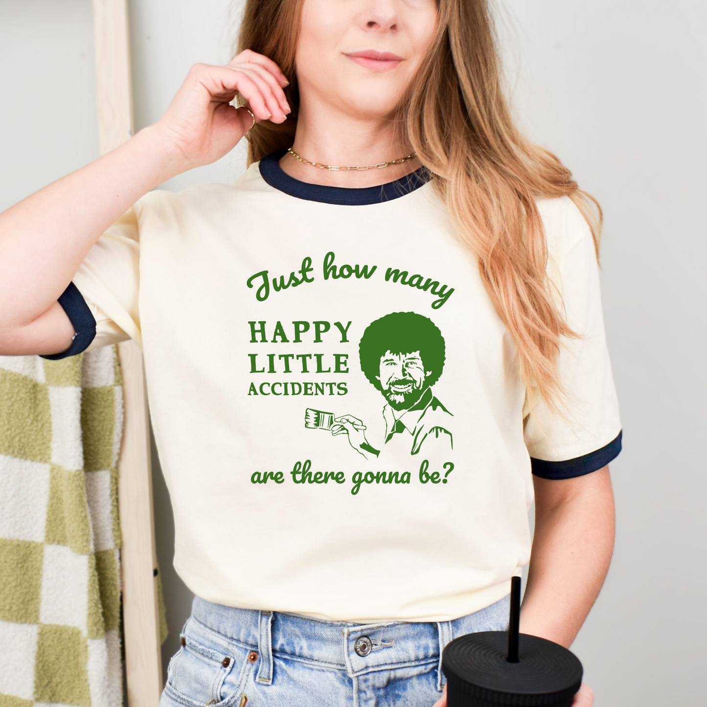 Bob Ross Happy Accident Inspired Next Level Ringer Unisex Cotton Tee in 3 Classic Colors