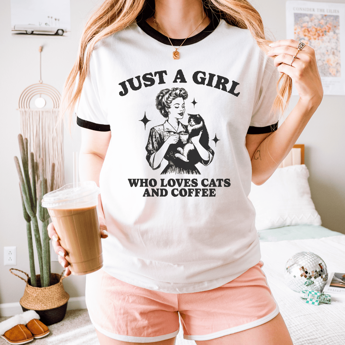 1950s Vintage Housewife Cat & Coffee Tee Just a Girl's Retro Charm Unisex Cotton Ringer T-Shirt