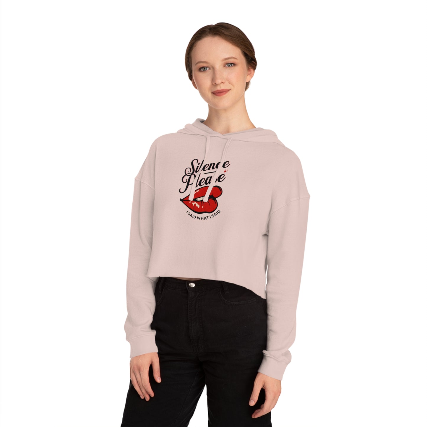 Retro Tattoo Classic Red Lips, Silence Please Women’s Cropped Hooded Sweatshirt