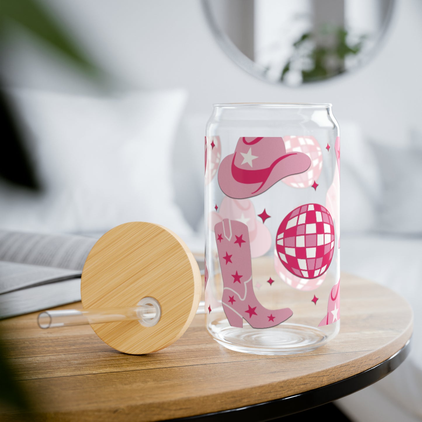 16oz Libby Glass with Pink Disco Cowgirl Design - Made in USA, BPA-Free"