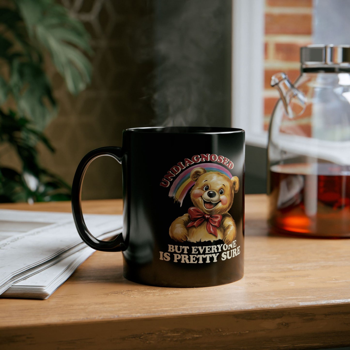 Funny “Undiagnosed But Everyone Is Pretty Sure” Bear Mug – Black Ceramic Coffee Cup, 11oz & 15oz