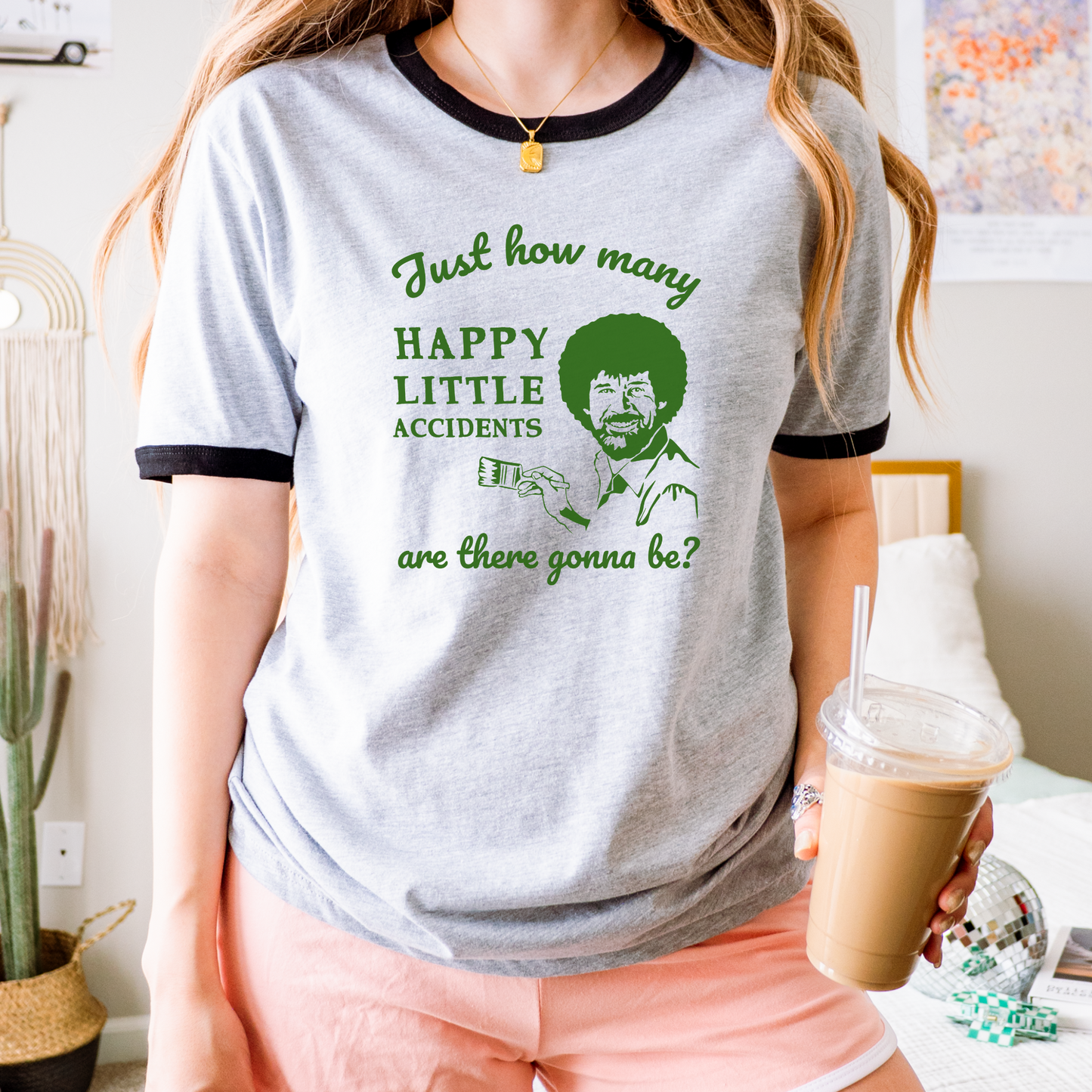 Bob Ross Happy Accident Inspired Next Level Ringer Unisex Cotton Tee in 3 Classic Colors