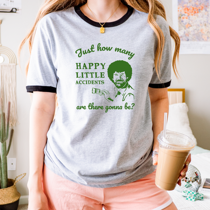 Bob Ross Happy Accident Inspired Next Level Ringer Unisex Cotton Tee in 3 Classic Colors