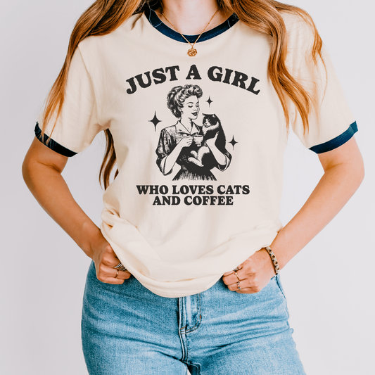 1950s Vintage Housewife Cat & Coffee Tee Just a Girl's Retro Charm Unisex Cotton Ringer T-Shirt