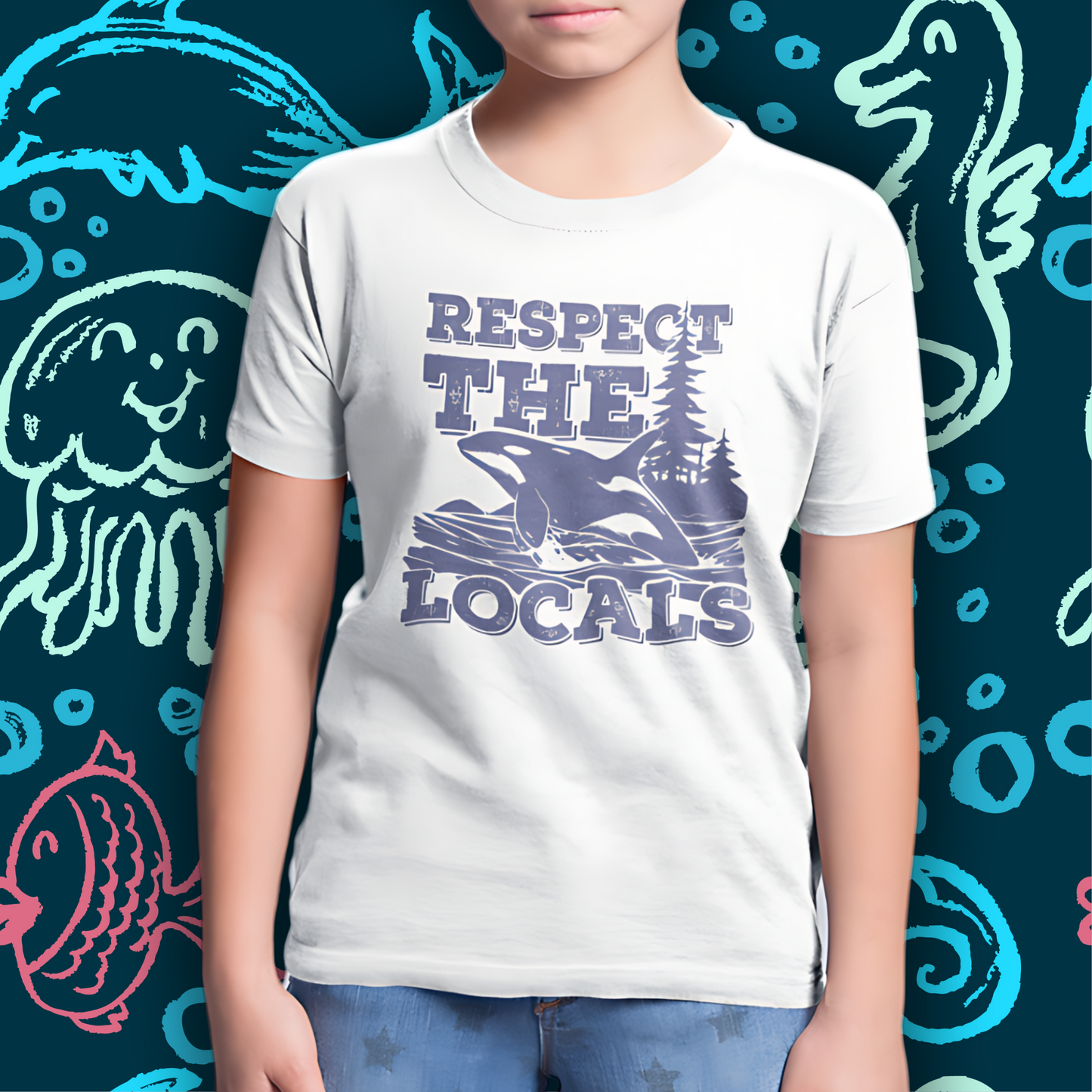 Respect the Locals Orca Design Youth Kids T-Shirt-Back-to-School for Ocean Lovers