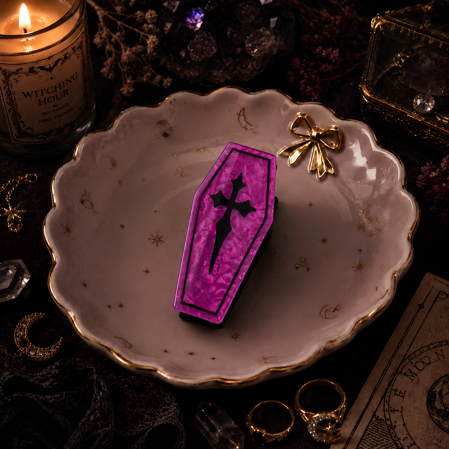 Coffin Hair Claw Clips Raven & Cross Gothic Hair Accessories with Black Velvet Gift Bag