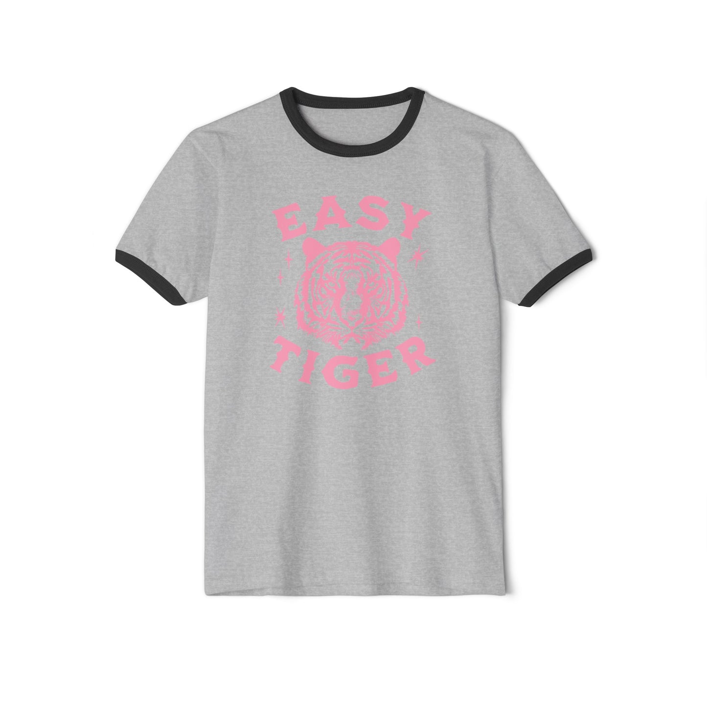 Vintage 'Easy Tiger' Unisex Ringer Shirt - Bubble Gum Pink Design | Next Level Apparel
