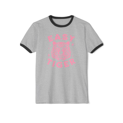 Vintage 'Easy Tiger' Unisex Ringer Shirt - Bubble Gum Pink Design | Next Level Apparel