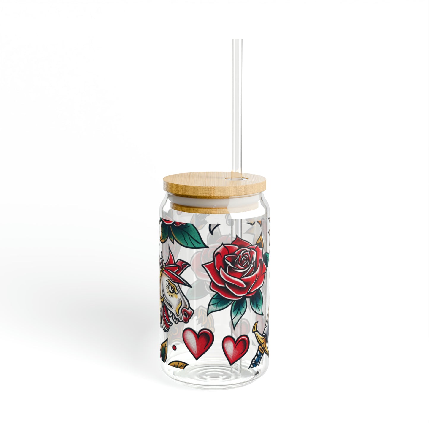 Sailor Jerry Inspired 16oz Libby Sipper Glass - Unique Vintage Tattoo Collage Design