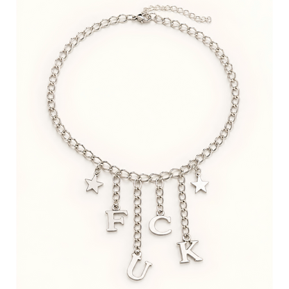 FUCK Charm Silver Chain Choker Necklace with Black Velvet Gift Bag